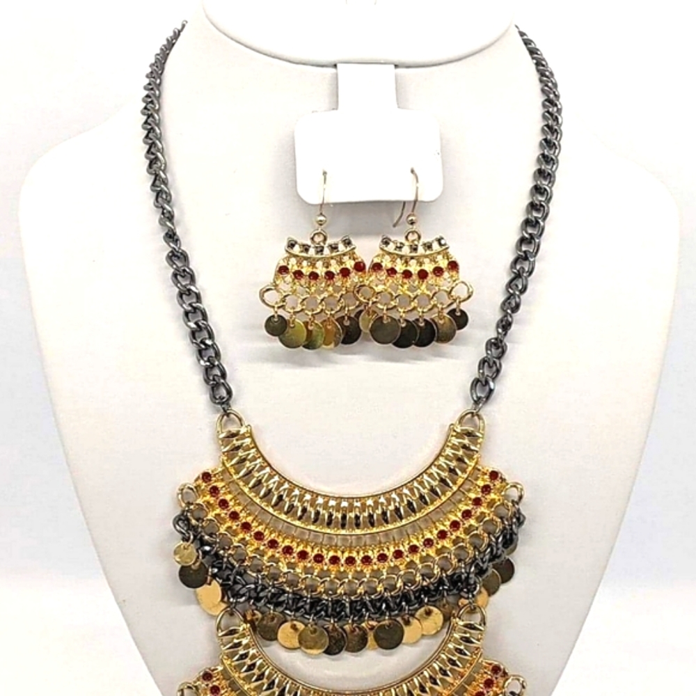 Bohemian Tribal Jewelry Set: Multi-Strand Coin Necklace & Earrings - Picture 5 of 10